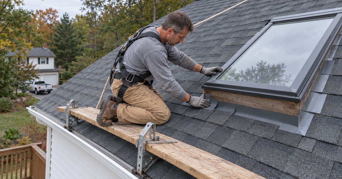 A roofer weaving step flashing up the side of a skylight curb on a 1970s colonial in Lower Paxton Township.