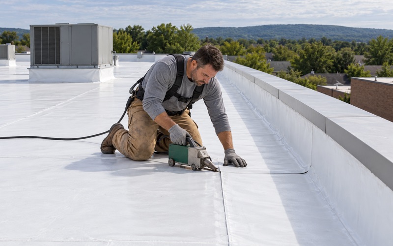 A roofer welding a TPO seam on the flat roof of a one-story strip retail building in Lower Paxton Township.