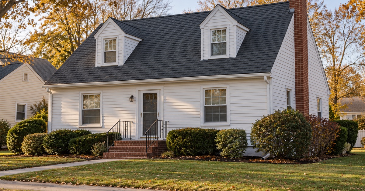 A finished new shingle roof on a 1950s Cape Cod in Lower Paxton Township in late afternoon light.