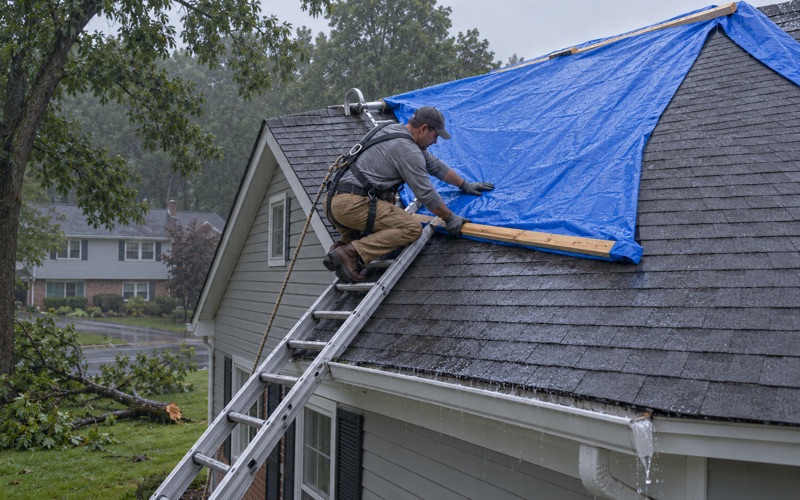 A roofer fastening a tarp over the ridge in steady rain on a 1970s colonial in Lower Paxton Township after a limb came through the roof.