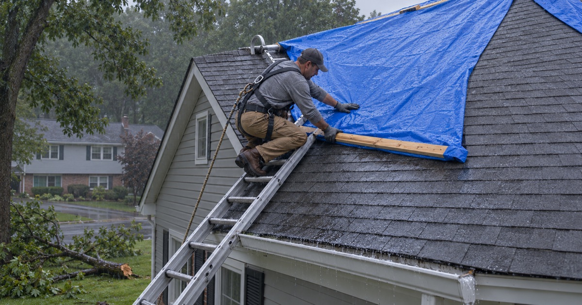 A roofer fastening a tarp over the ridge in steady rain on a 1970s colonial in Lower Paxton Township after a limb came through the roof.