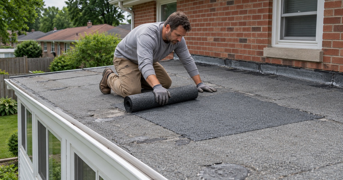 A modified bitumen patch going down on the low-slope roof of a rear sunroom on a 1960s ranch in Lower Paxton Township.
