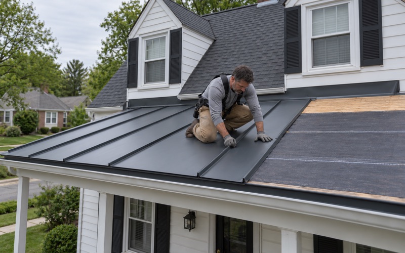 Steel panels with raised seams going on the low-pitch front porch roof of a 1950s Cape Cod in Lower Paxton Township.