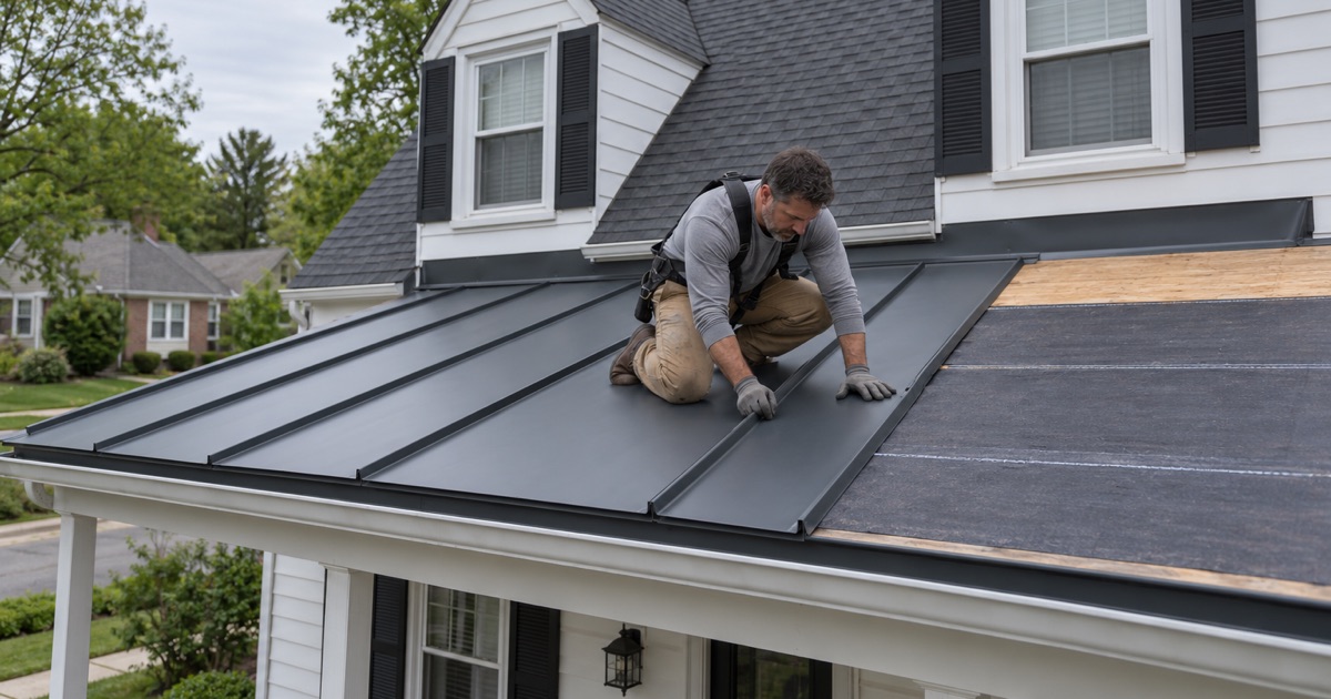 Steel panels with raised seams going on the low-pitch front porch roof of a 1950s Cape Cod in Lower Paxton Township.