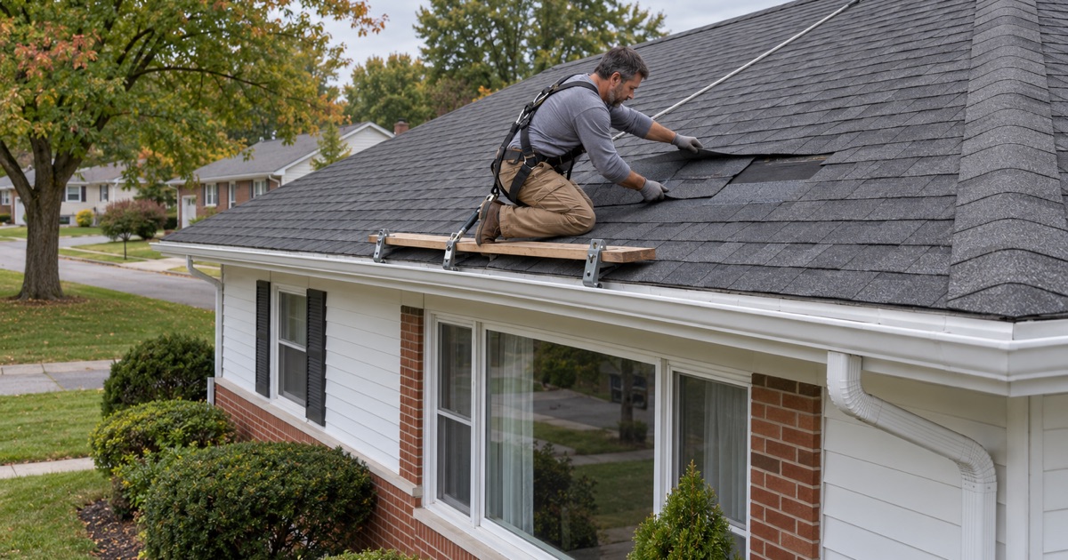 A roofer sliding a matched replacement shingle into a gap on the roof of a 1950s ranch in Colonial Park, Lower Paxton Township.