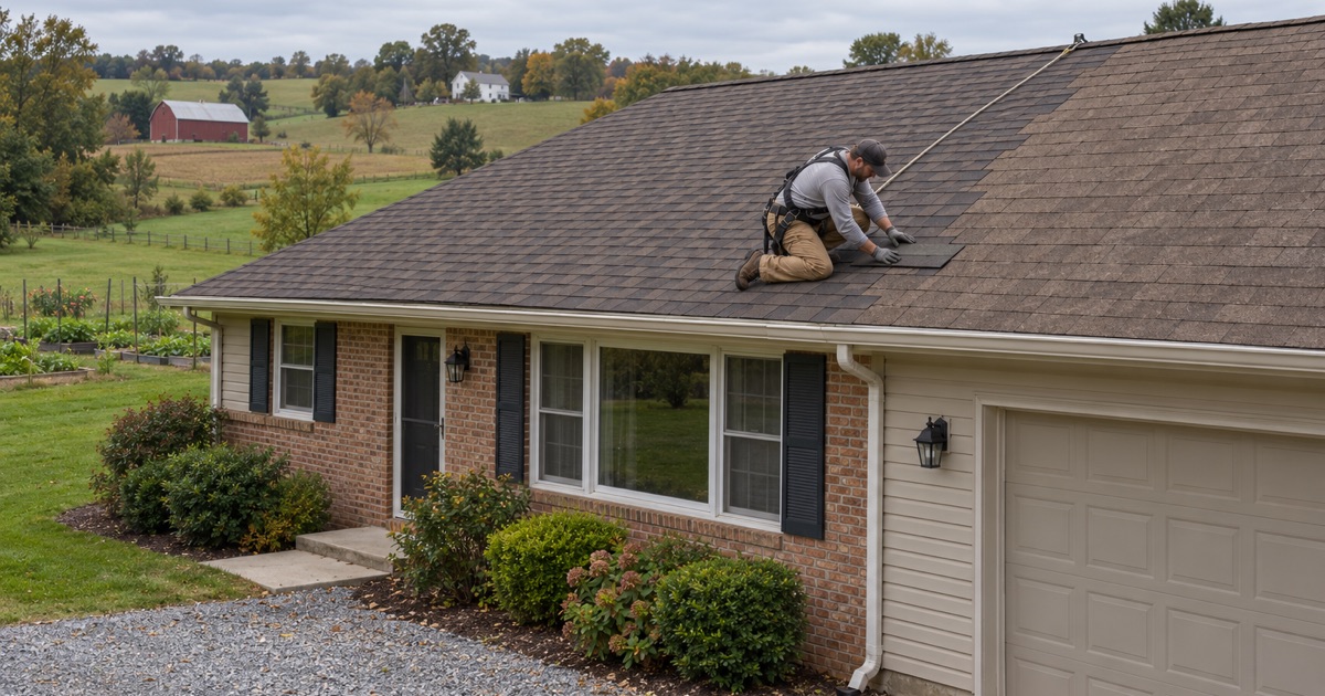 A second re-roof under way on a 1980s ranch on a rural lot in Hellam Township.