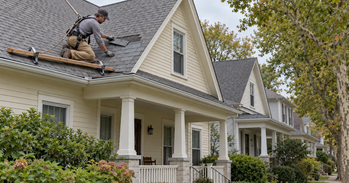 A three-tab shingle patch matched in kind on the roof of an early company-built house in Hershey.