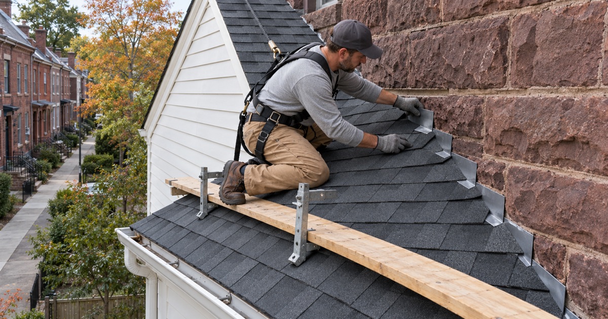 Step flashing woven into the shingles where a roof meets a brownstone wall in Hummelstown.