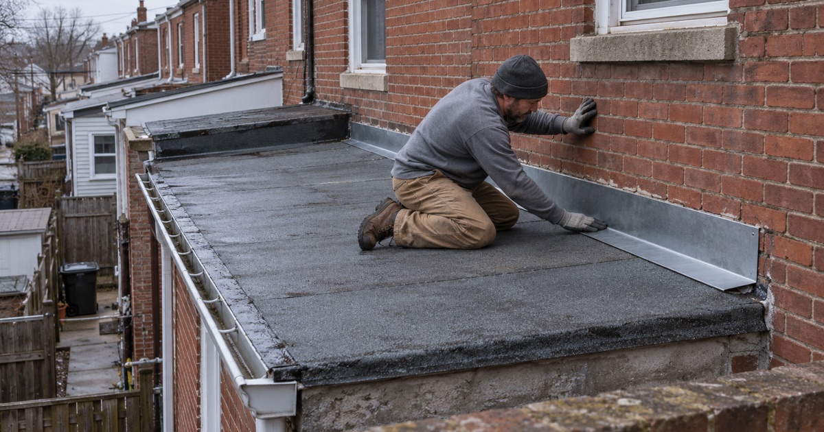 Flashing repair on the back ell roof of a rented brick rowhouse in Lebanon, keeping it sealed from the weather