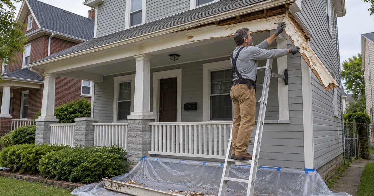 Old painted fascia coming off over plastic sheeting at the eave of a prewar two-unit house in Lemoyne.