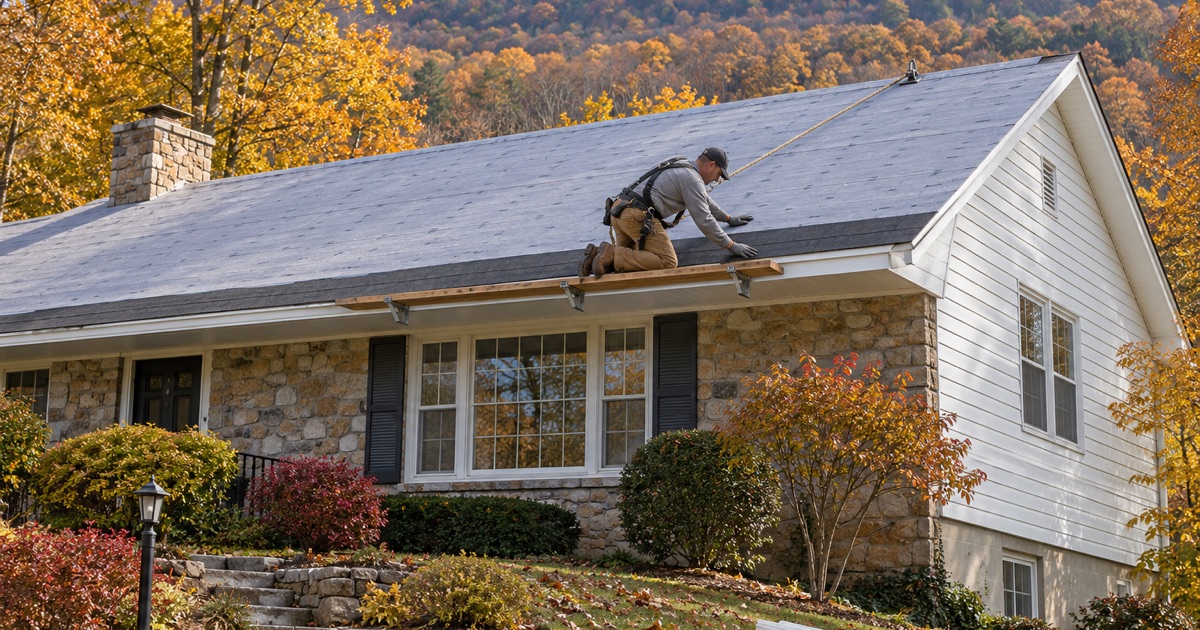 A roofer starting new shingles at the eave of a 1950s ranch on a hillside lot in Linglestown below Blue Mountain.