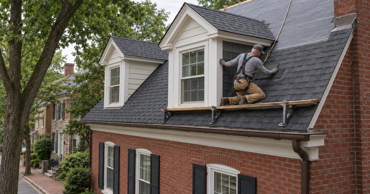 A roofer re-shingling around a gabled dormer on the steep roof of an old brick house on a Lititz street.