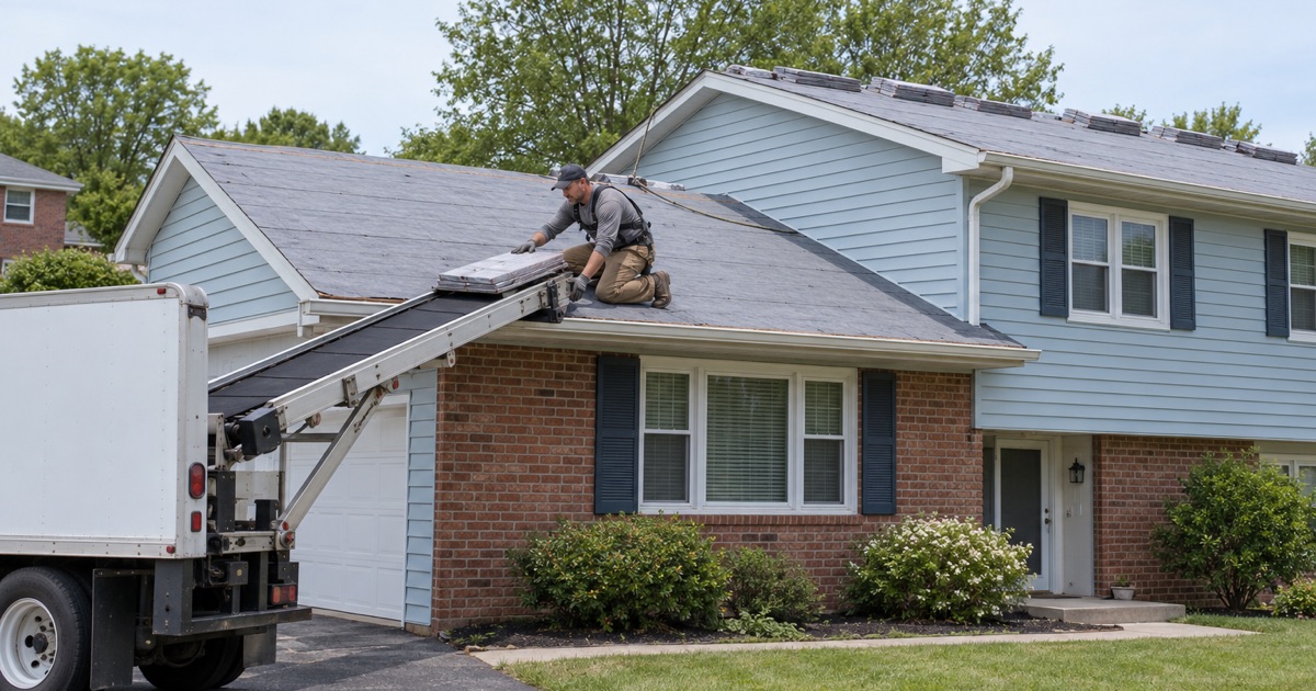 Shingle bundles arriving on a truck-mounted conveyor at the eave of a 1970s split-level in Lower Swatara Township.