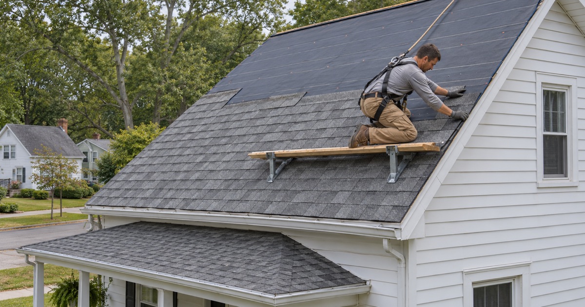 An in-kind re-roof in matching color on a Manheim house near the Chiques Creek tree line