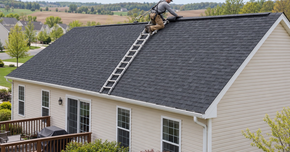 A ridge vent going on during a full re-roof of a 1990s house in Maytown, done before any solar panels go up.