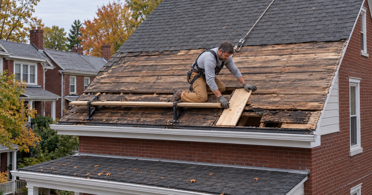 A soft roof board replaced during a tear-off on a Mount Joy house, the decking work that needs borough permits
