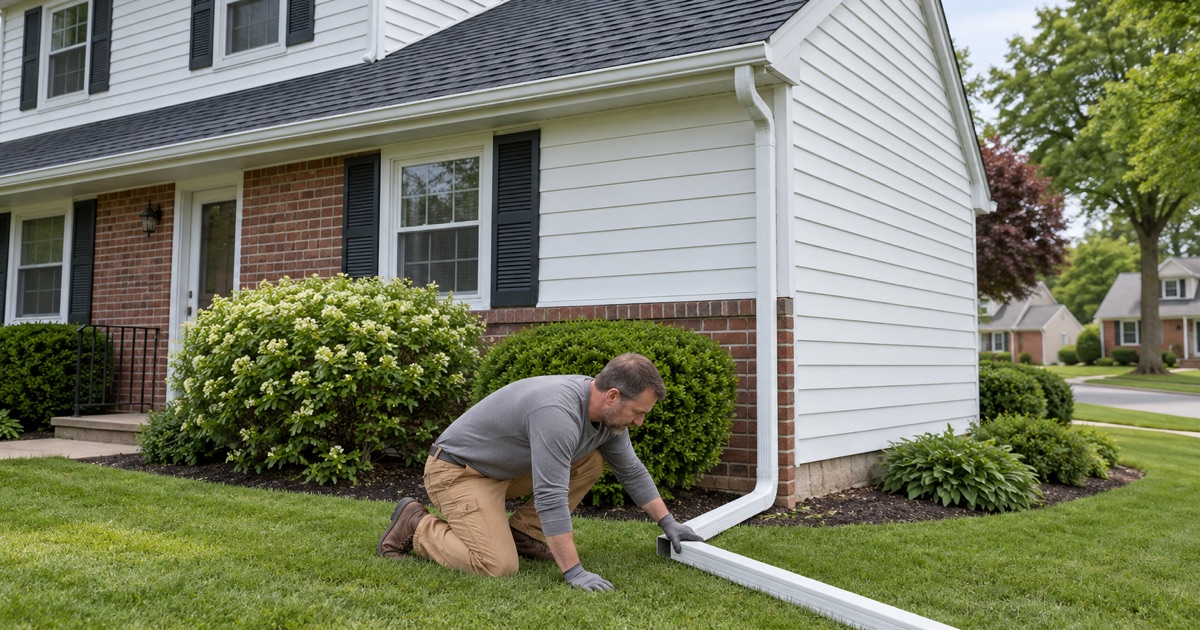 A new downspout directed onto grass away from paving after a roof job in Palmyra, as the borough advises