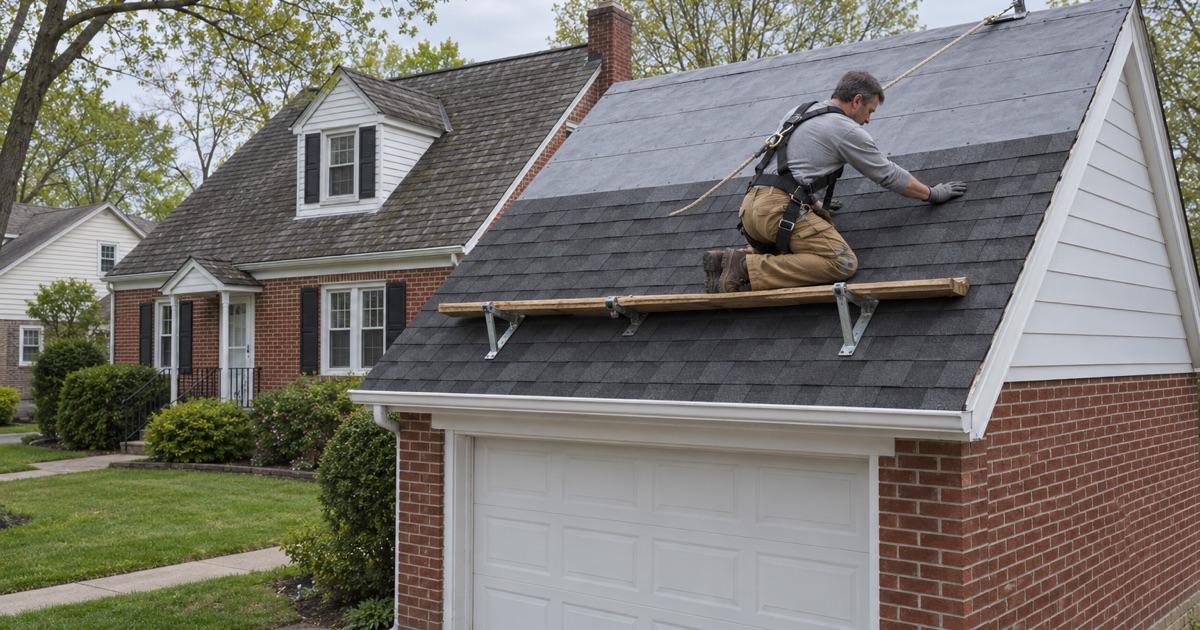 A roofer re-shingling the steep roof of a one-bay garage beside a 1940s Cape Cod in the Green Acres section of Progress.