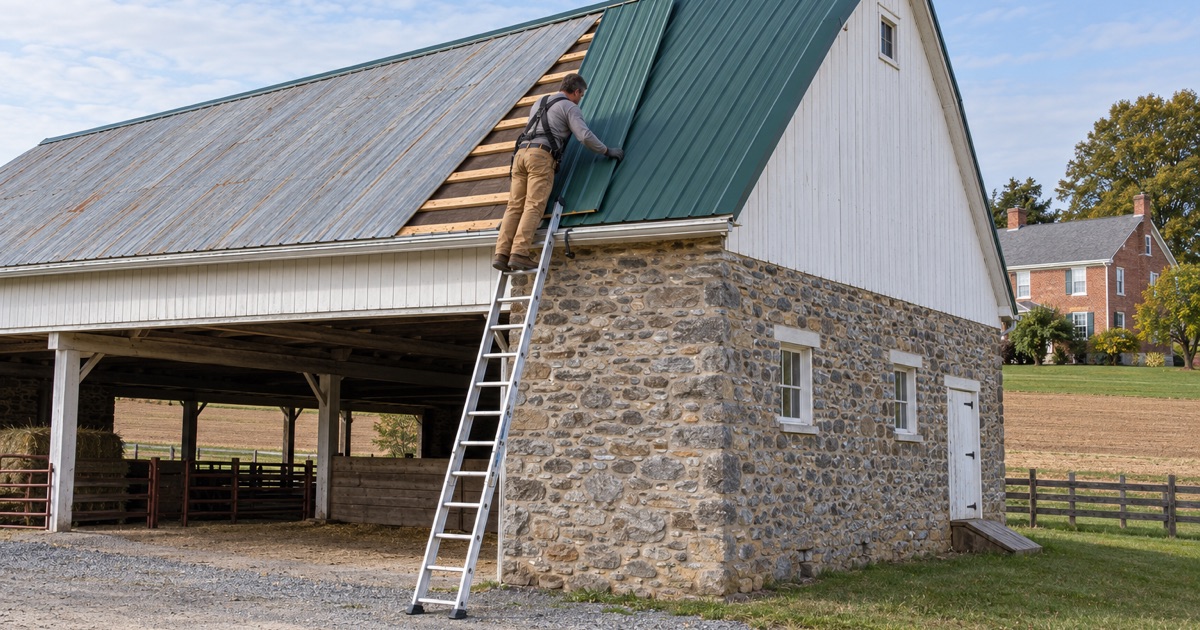 A roofer fitting ribbed steel along the eave of a stone bank barn near Schaefferstown.