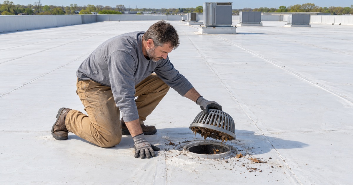 A roofer clearing a roof drain on the broad flat roof of a large warehouse in Springettsbury Township.