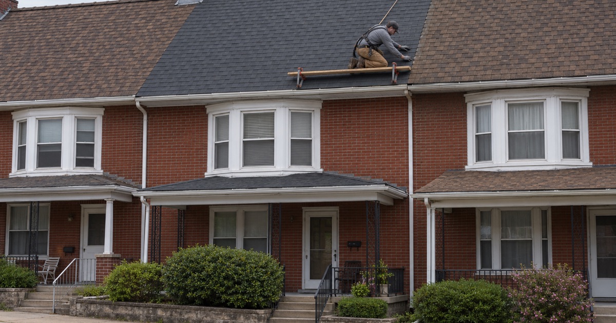 New shingles meeting the neighbor’s roof at the party wall line on one house of a brick row in Steelton.