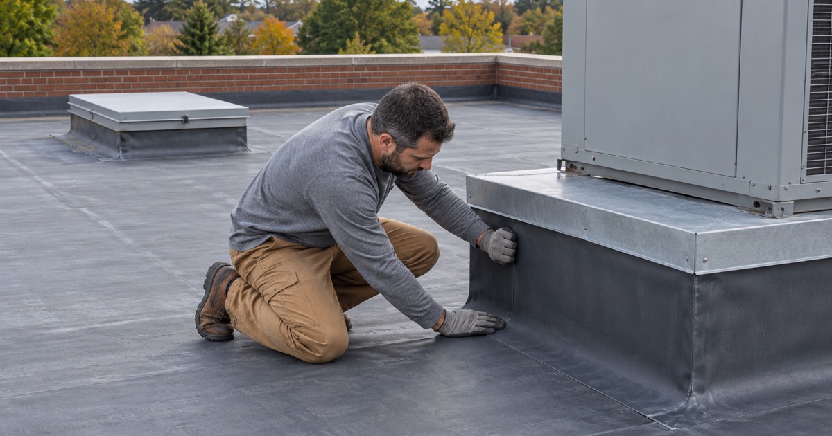 A roofer sealing the flashing around an equipment curb on the low-slope roof of a non-residential building in Upper Allen Township.