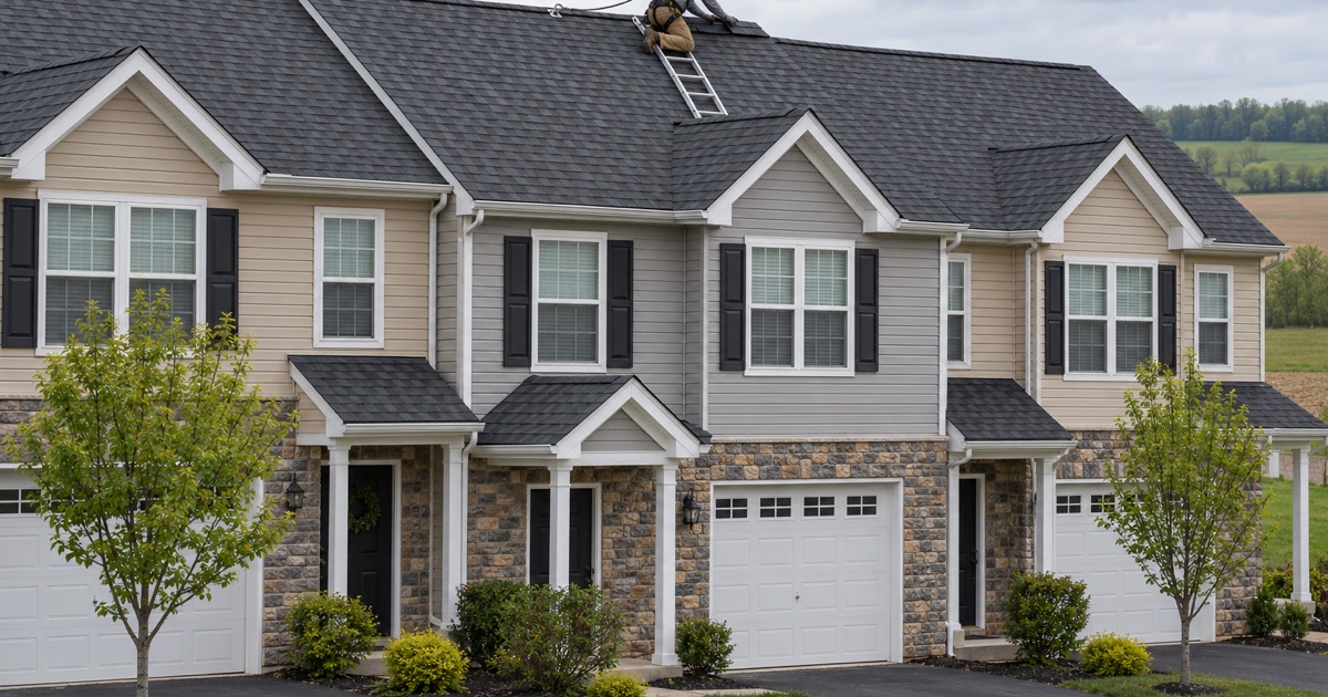 A ridge cap laid where one townhouse roof meets its neighbor’s in West Myerstown