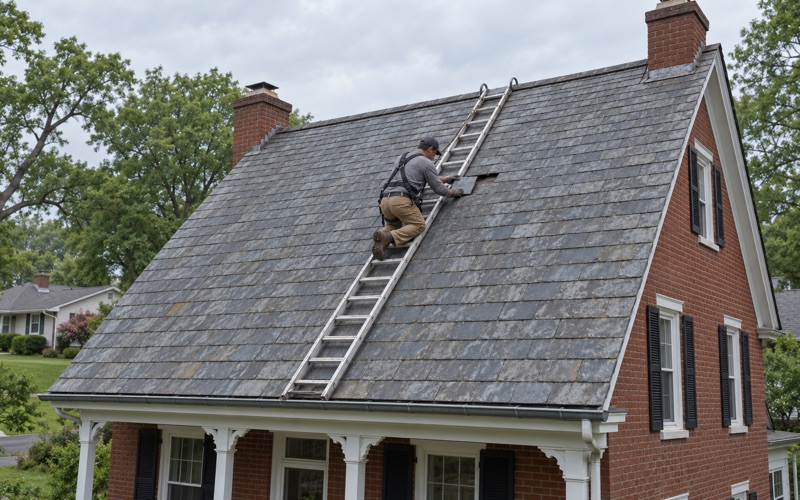 A roofer sliding a replacement slate into place from a roof ladder on an old brick farmhouse in Lower Paxton Township.