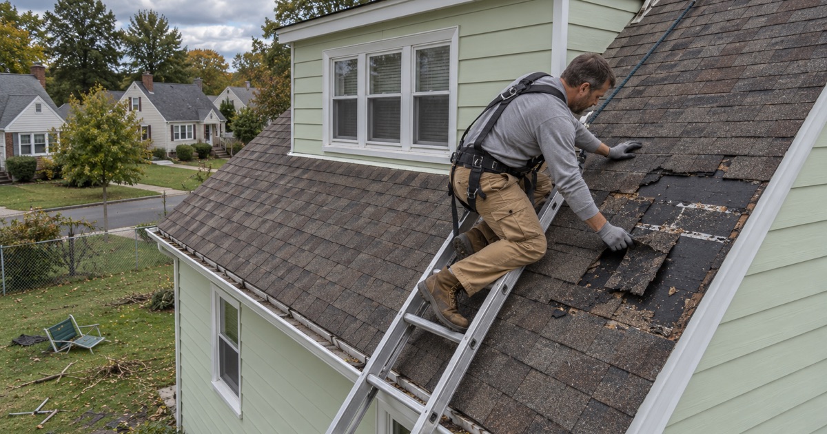 A roofer pulling the torn remains of wind-stripped shingles off the rear slope of a 1950s Cape Cod in Lower Paxton Township before patching it.